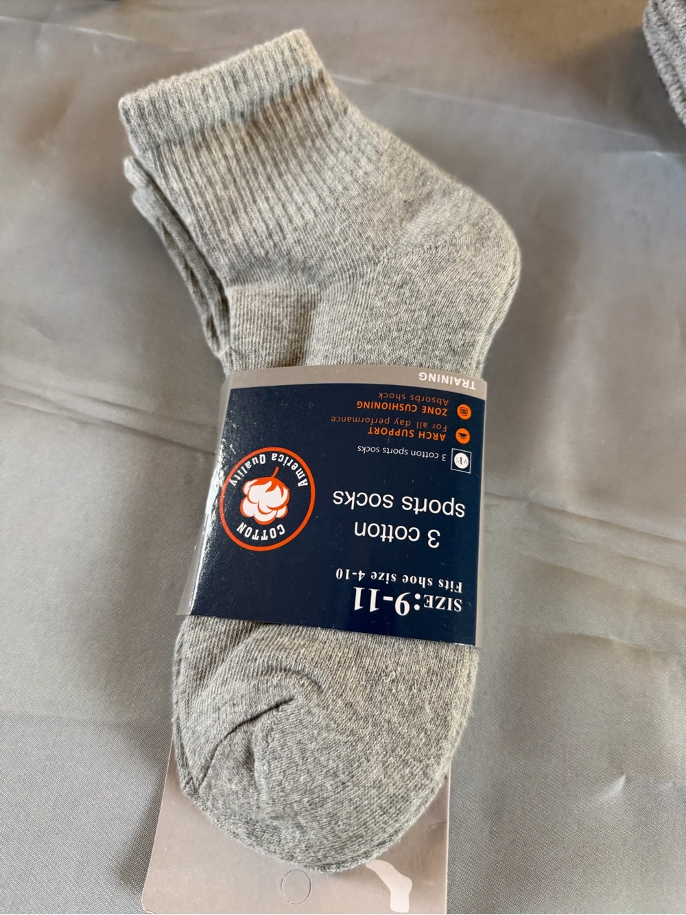 Men's 3-Pack Grey Cotton Sports Socks - Size 9-11